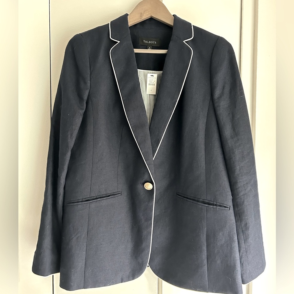 NWT Talbots Navy linen jacket white piping gold buttons size 6